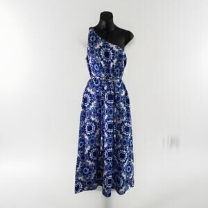 Talbots One-Shoulder Sateen 8 Dress Maxi White Blue Floral Coastal Boho Nautic